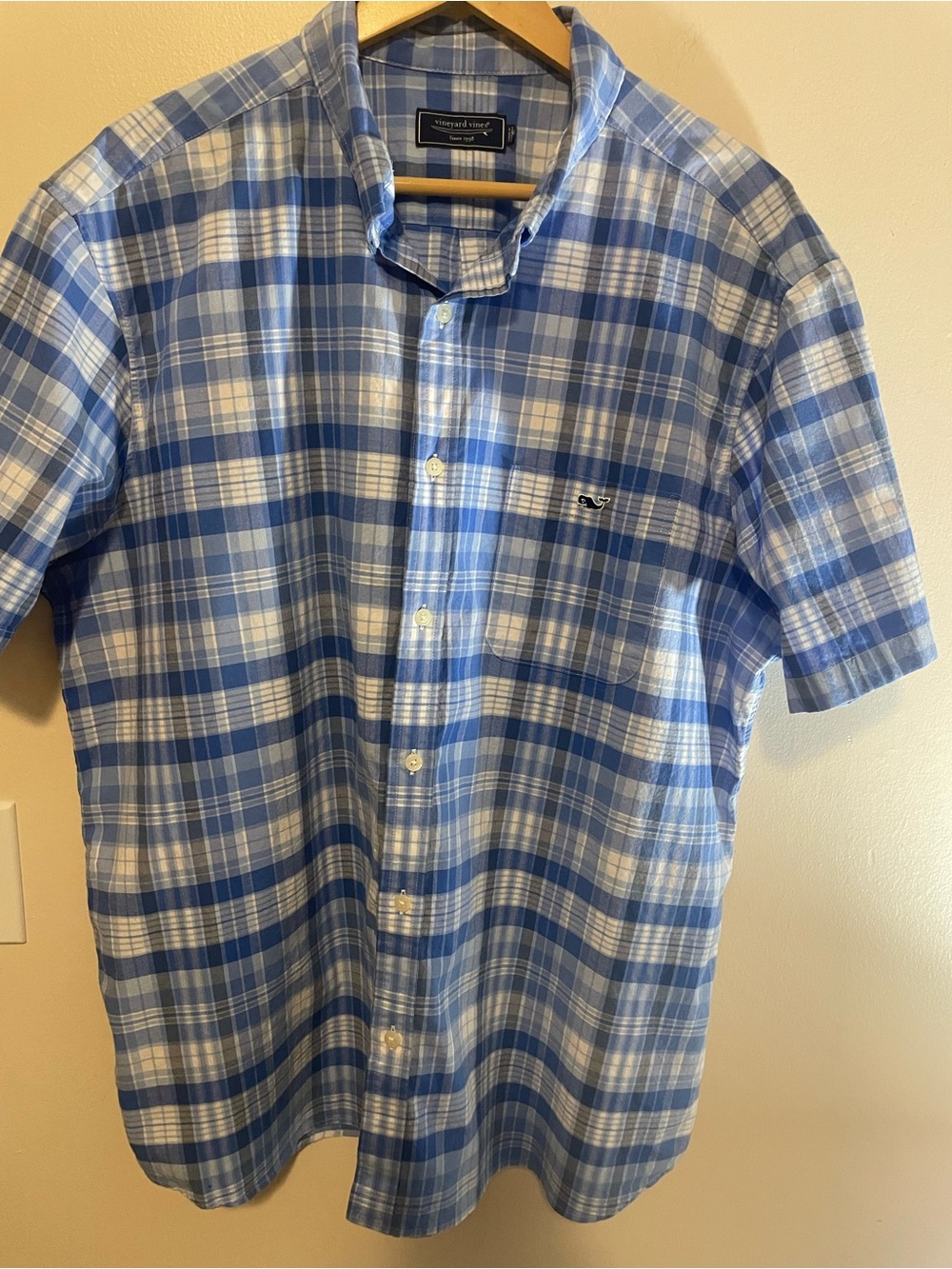 Vineyard Vines Light Blue and White Plaid Short-Sleeve Button-Down Shirt